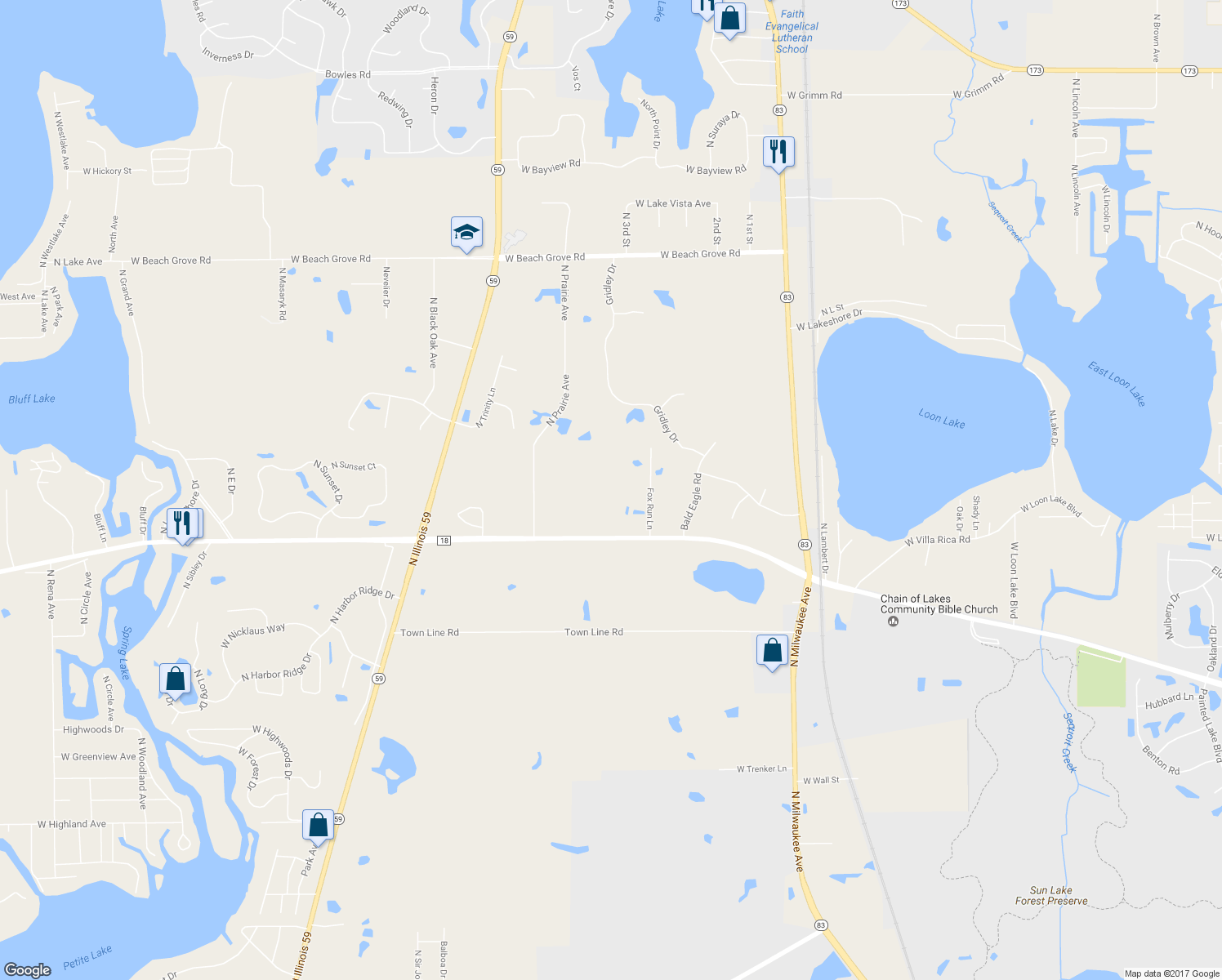 map of restaurants, bars, coffee shops, grocery stores, and more near 23946 West Grass Lake Road in Antioch