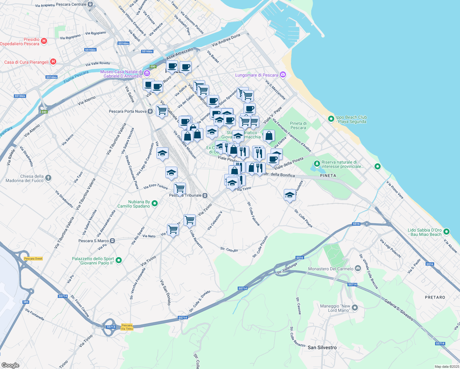 map of restaurants, bars, coffee shops, grocery stores, and more near 40 Via Falcone e Borsellino in Pescara