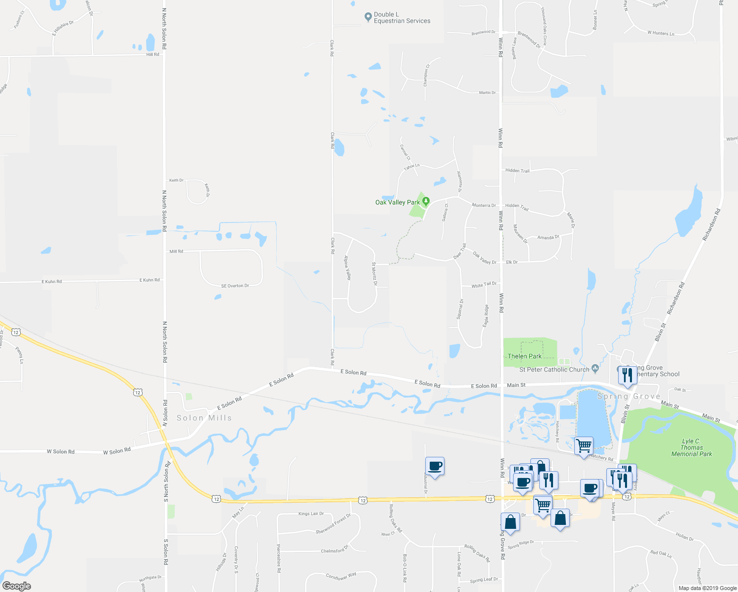 map of restaurants, bars, coffee shops, grocery stores, and more near 8503 Saint Moritz Drive in Spring Grove