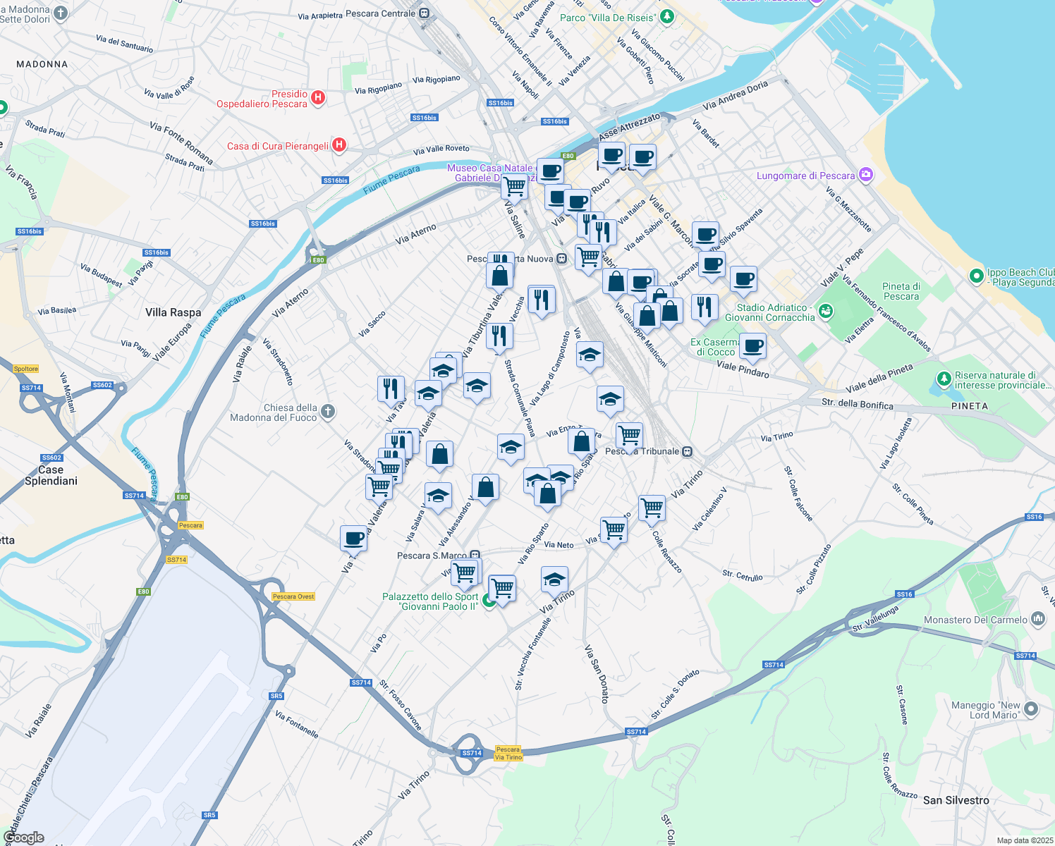 map of restaurants, bars, coffee shops, grocery stores, and more near 41 Strada Comunale Piana in Pescara