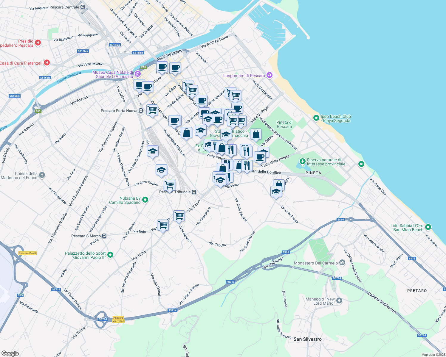 map of restaurants, bars, coffee shops, grocery stores, and more near 9 Via Falcone e Borsellino in Pescara