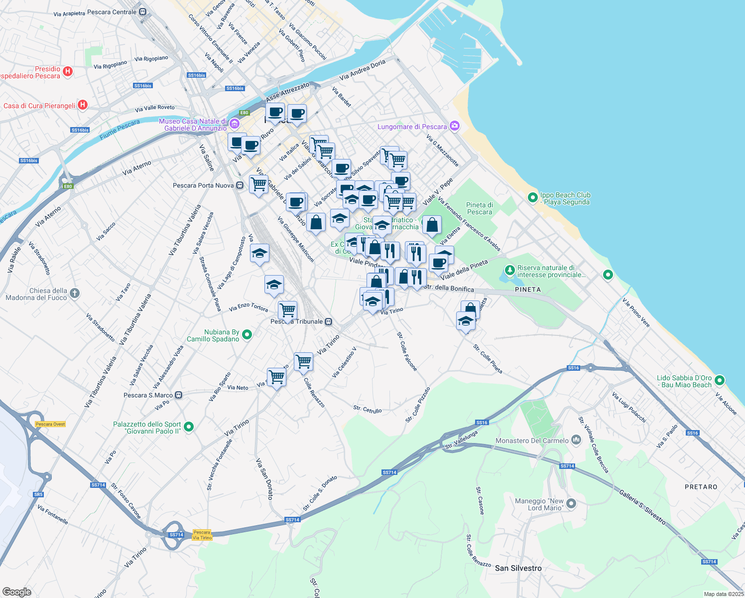 map of restaurants, bars, coffee shops, grocery stores, and more near 40 Via Falcone e Borsellino in Pescara
