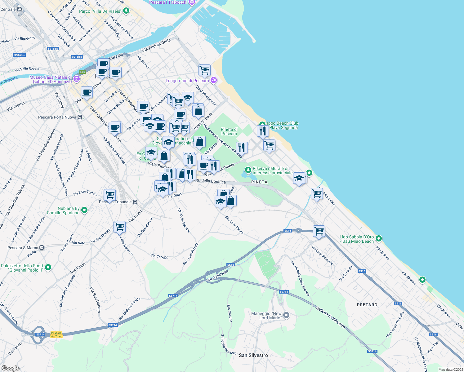 map of restaurants, bars, coffee shops, grocery stores, and more near 13 Via Lago Isoletta in Pescara