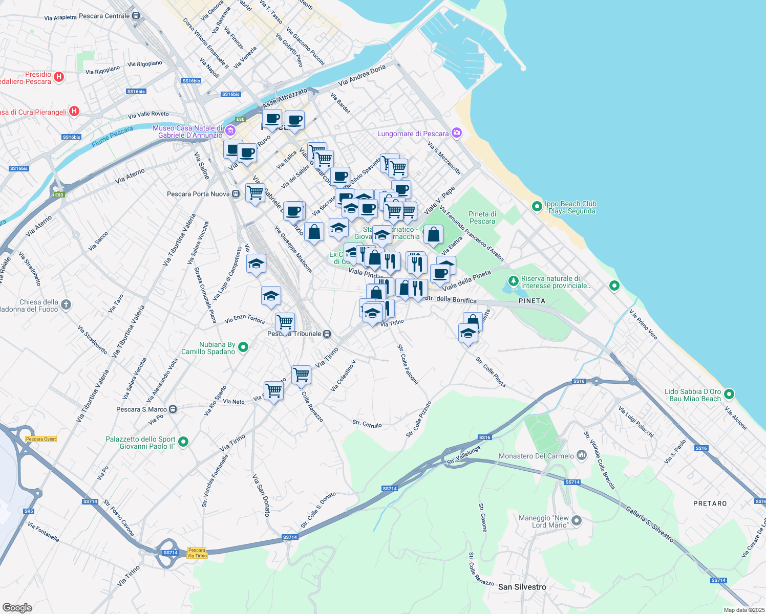 map of restaurants, bars, coffee shops, grocery stores, and more near 9 Via Falcone e Borsellino in Pescara
