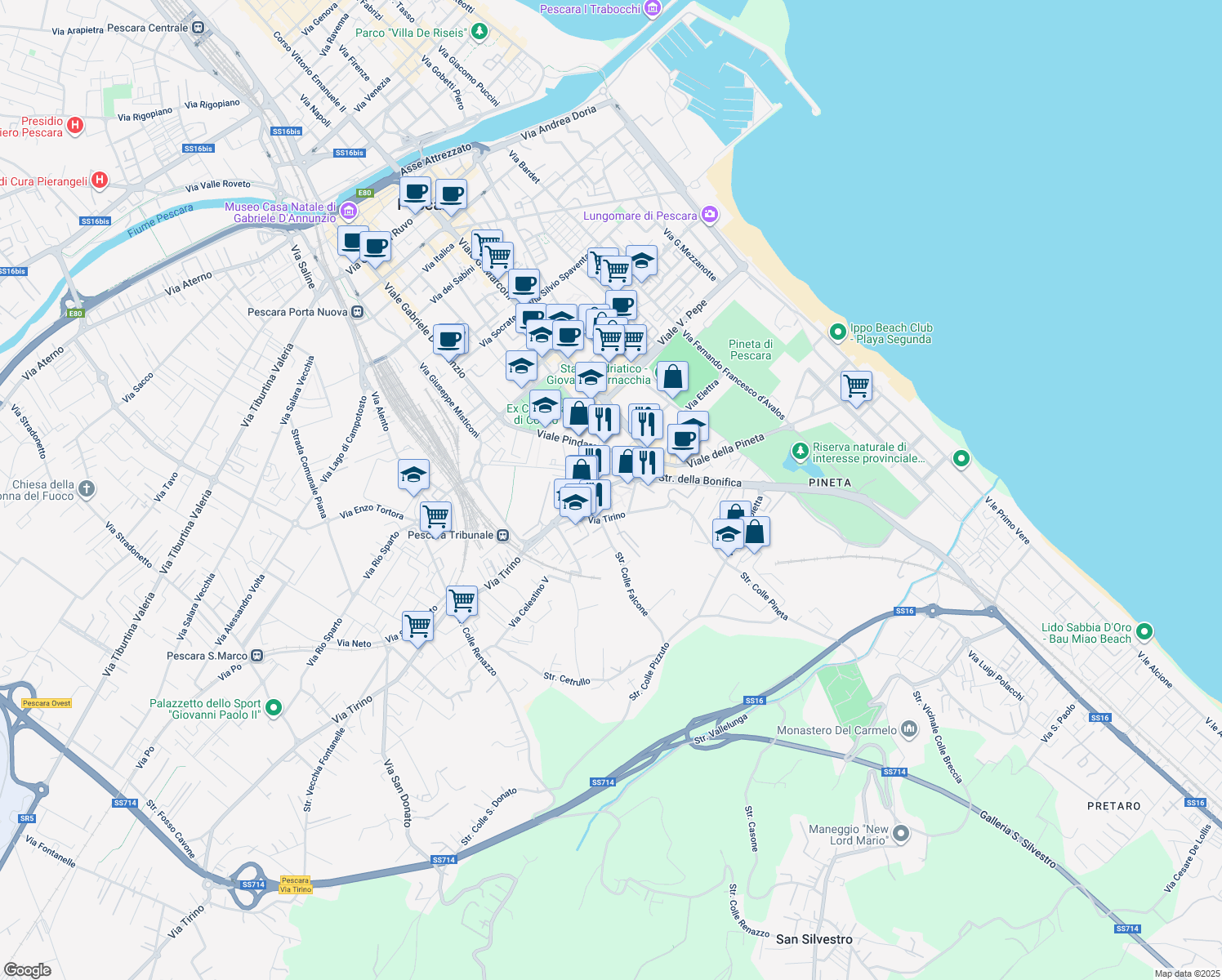 map of restaurants, bars, coffee shops, grocery stores, and more near Via Lago di Varano in Pescara