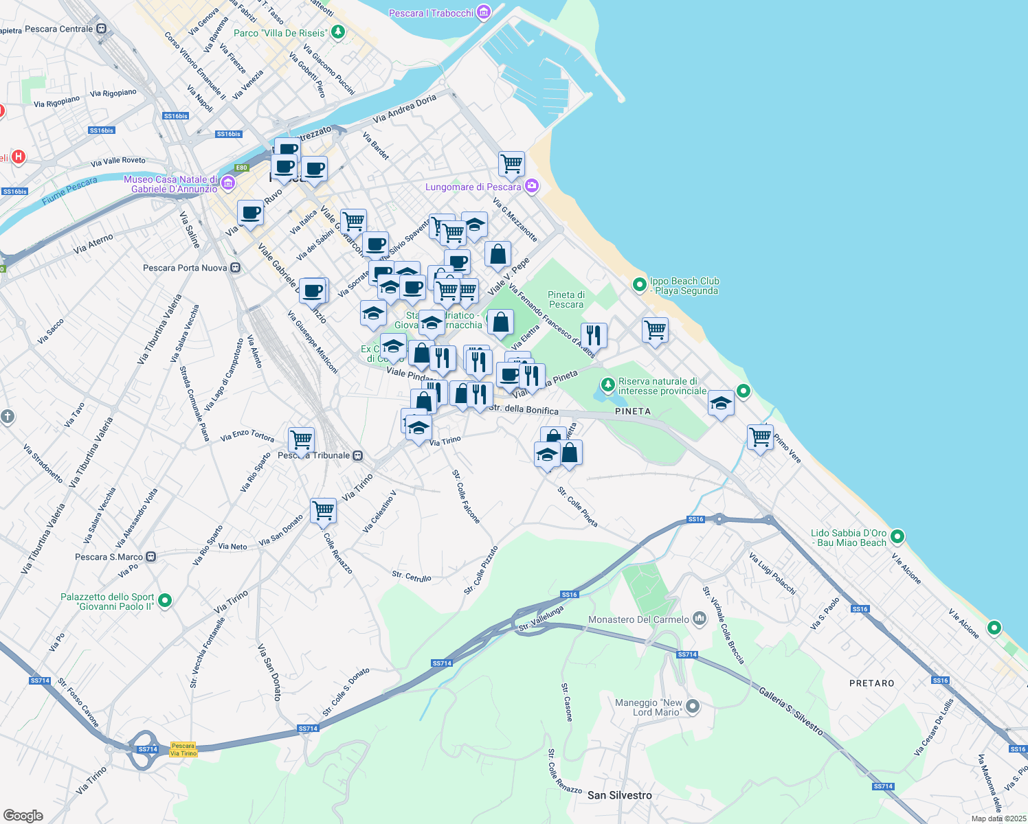map of restaurants, bars, coffee shops, grocery stores, and more near 31 Viale Pineta in Pescara