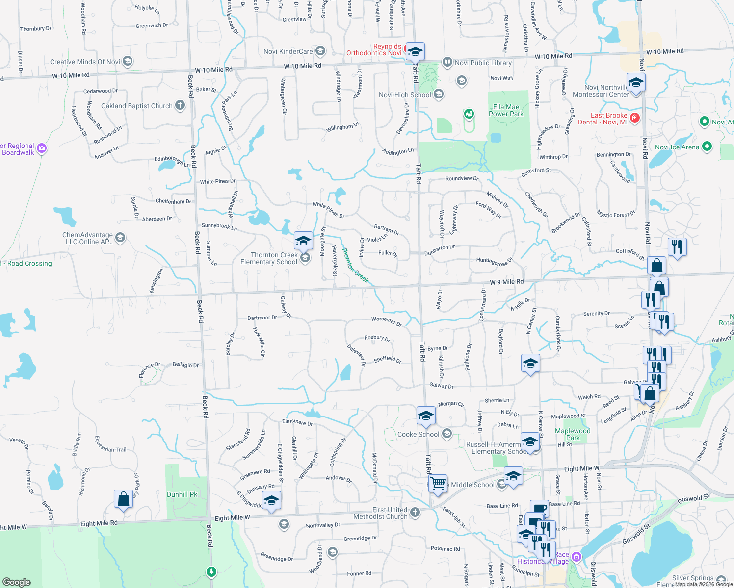 map of restaurants, bars, coffee shops, grocery stores, and more near 45605 West 9 Mile Road in Novi