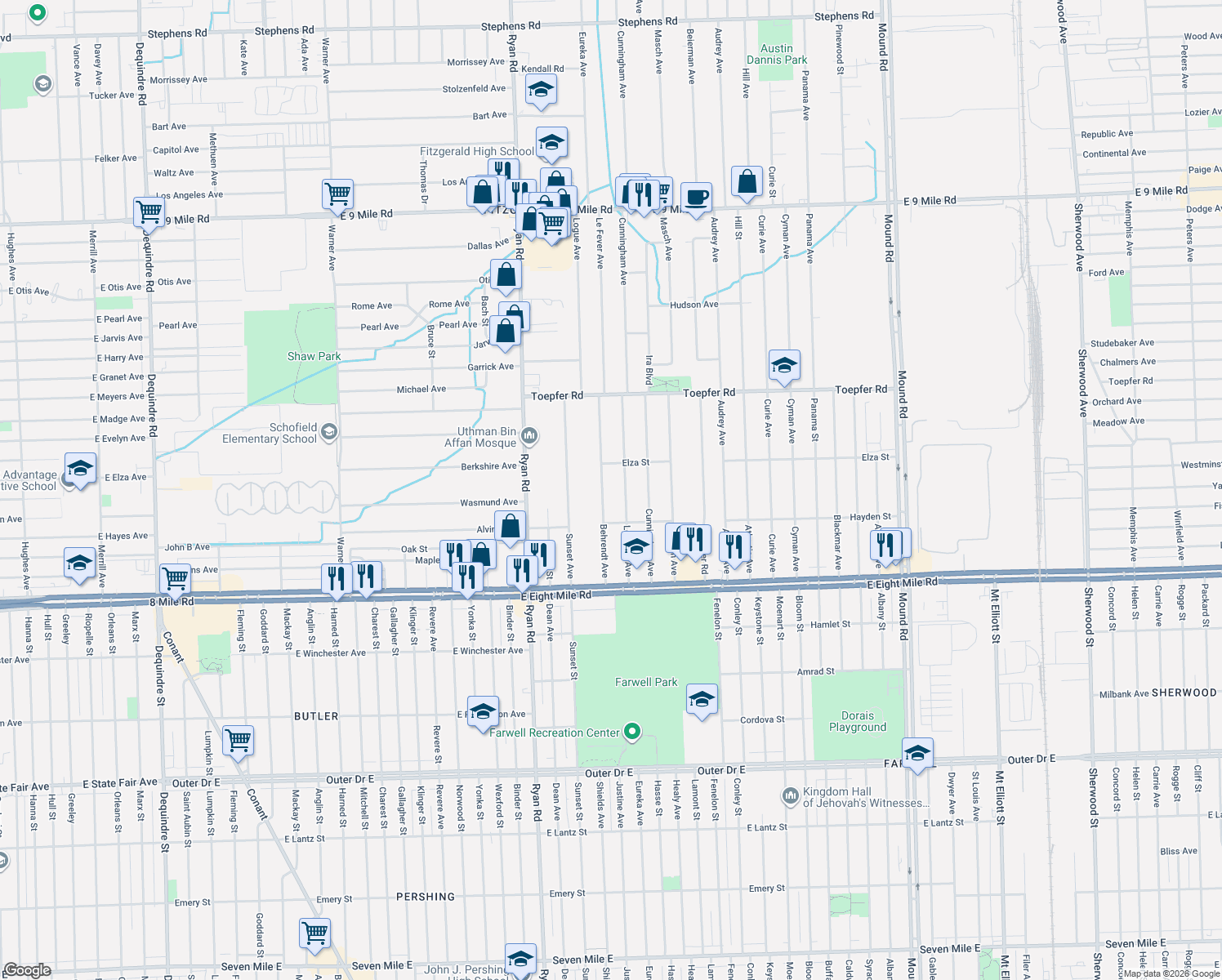 map of restaurants, bars, coffee shops, grocery stores, and more near 21232 Behrendt Ave in Warren