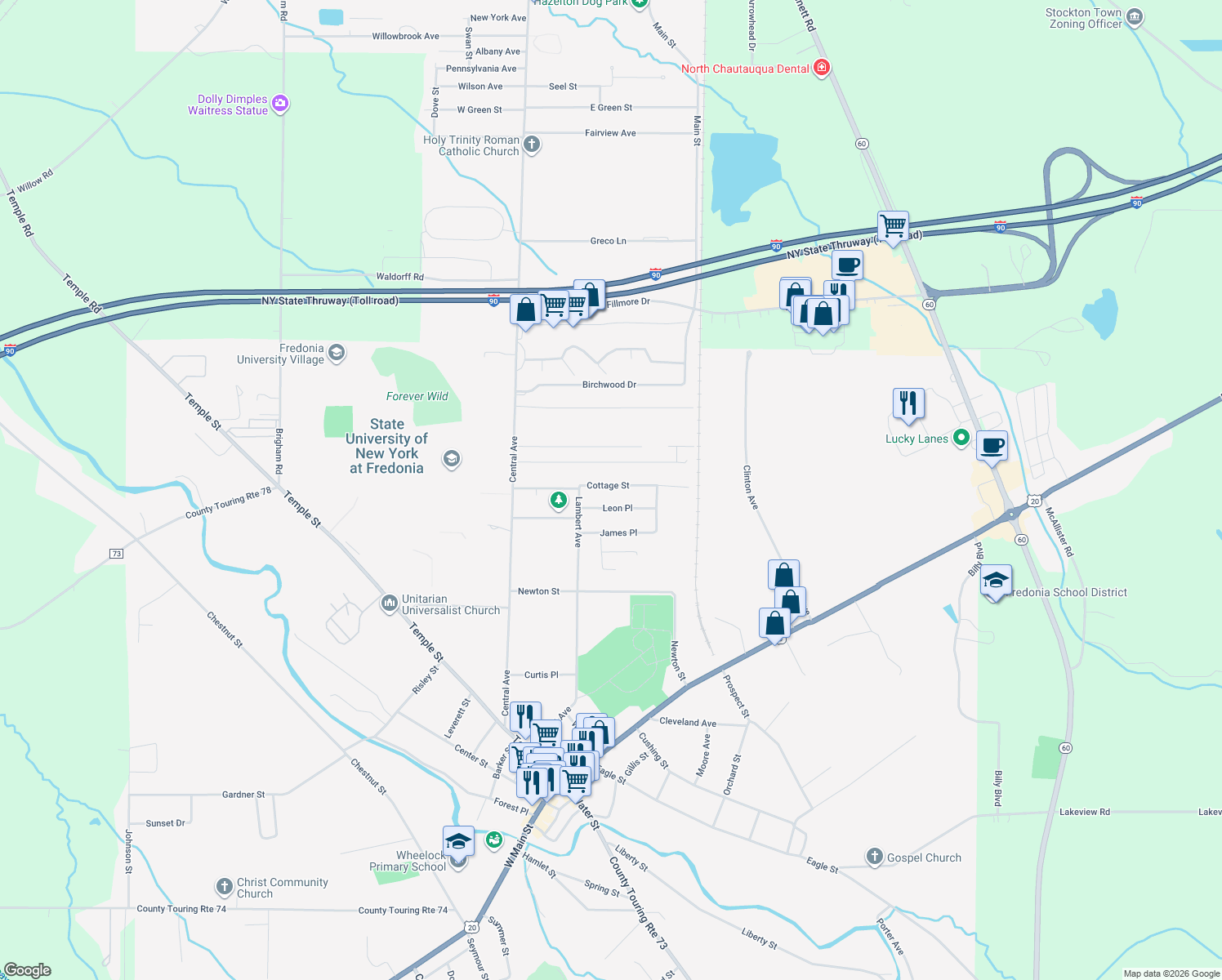 map of restaurants, bars, coffee shops, grocery stores, and more near 51 Cottage Street in Fredonia