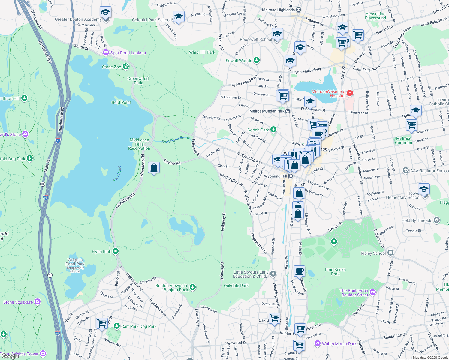 map of restaurants, bars, coffee shops, grocery stores, and more near 30 Pebble Rd in Melrose