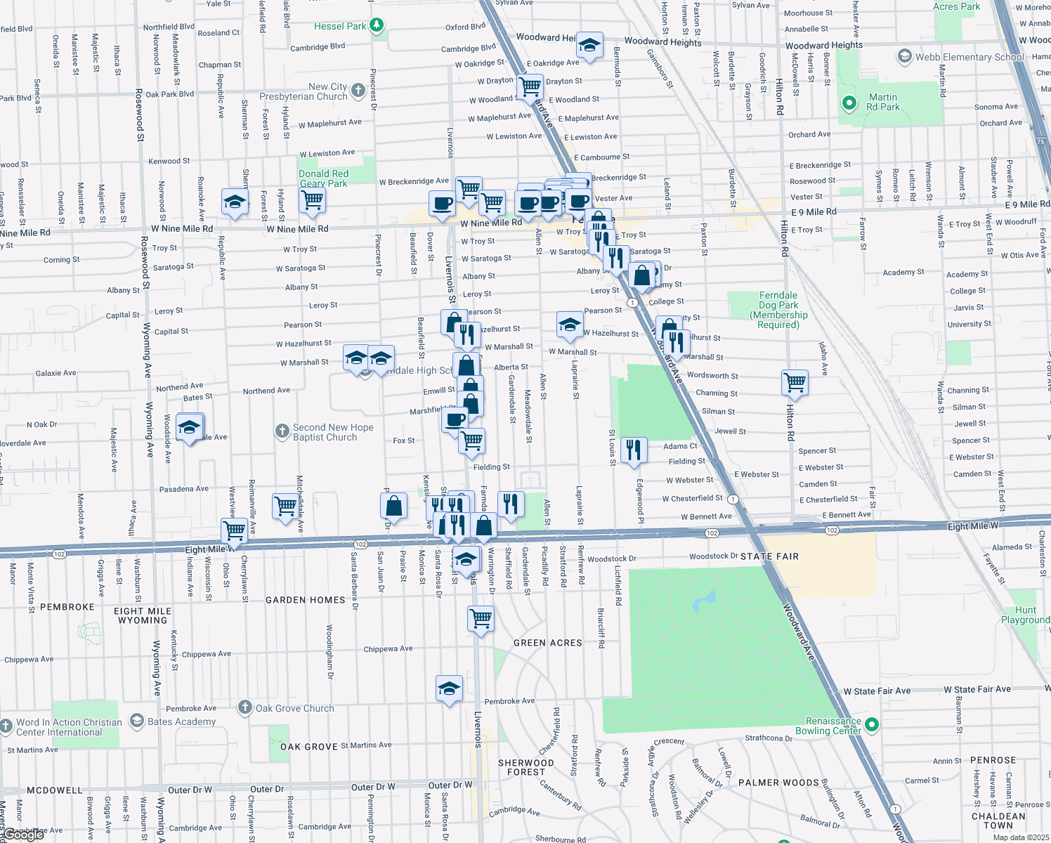 map of restaurants, bars, coffee shops, grocery stores, and more near 645 Meadowdale Street in Ferndale