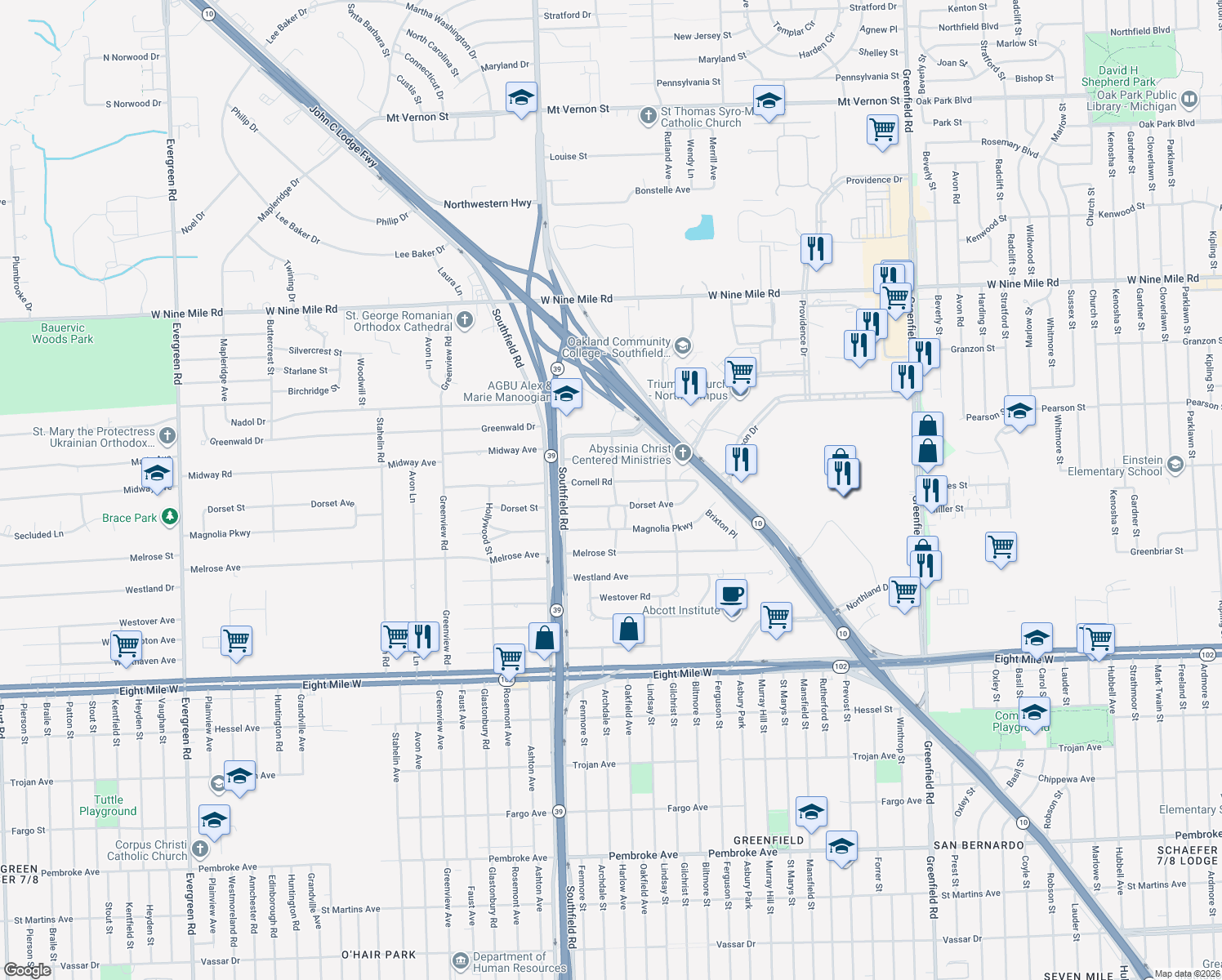 map of restaurants, bars, coffee shops, grocery stores, and more near 17505 Cornell Rd in Southfield