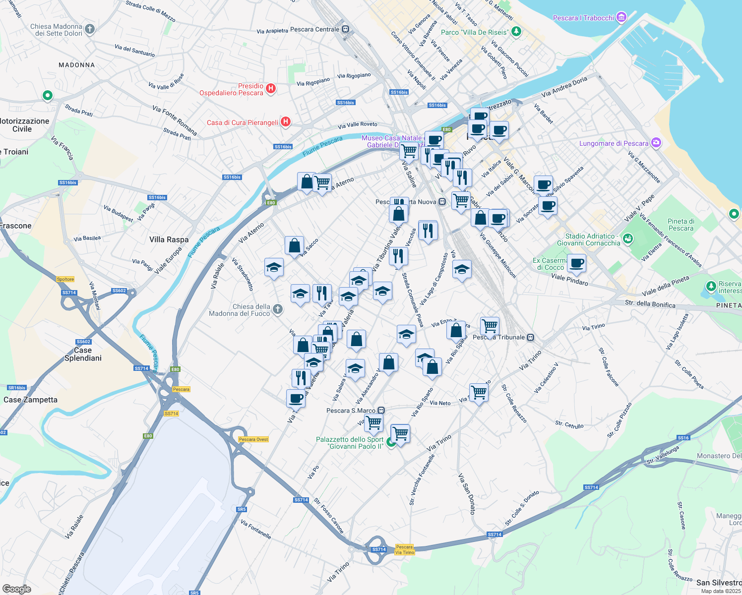 map of restaurants, bars, coffee shops, grocery stores, and more near 185 Via Nazionale Tiburtina Valeria in Pescara