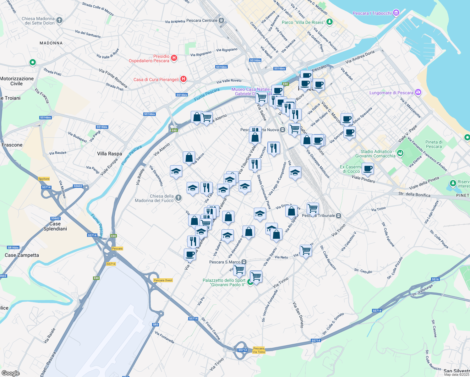 map of restaurants, bars, coffee shops, grocery stores, and more near 185 Via Tiburtina Valeria in Pescara