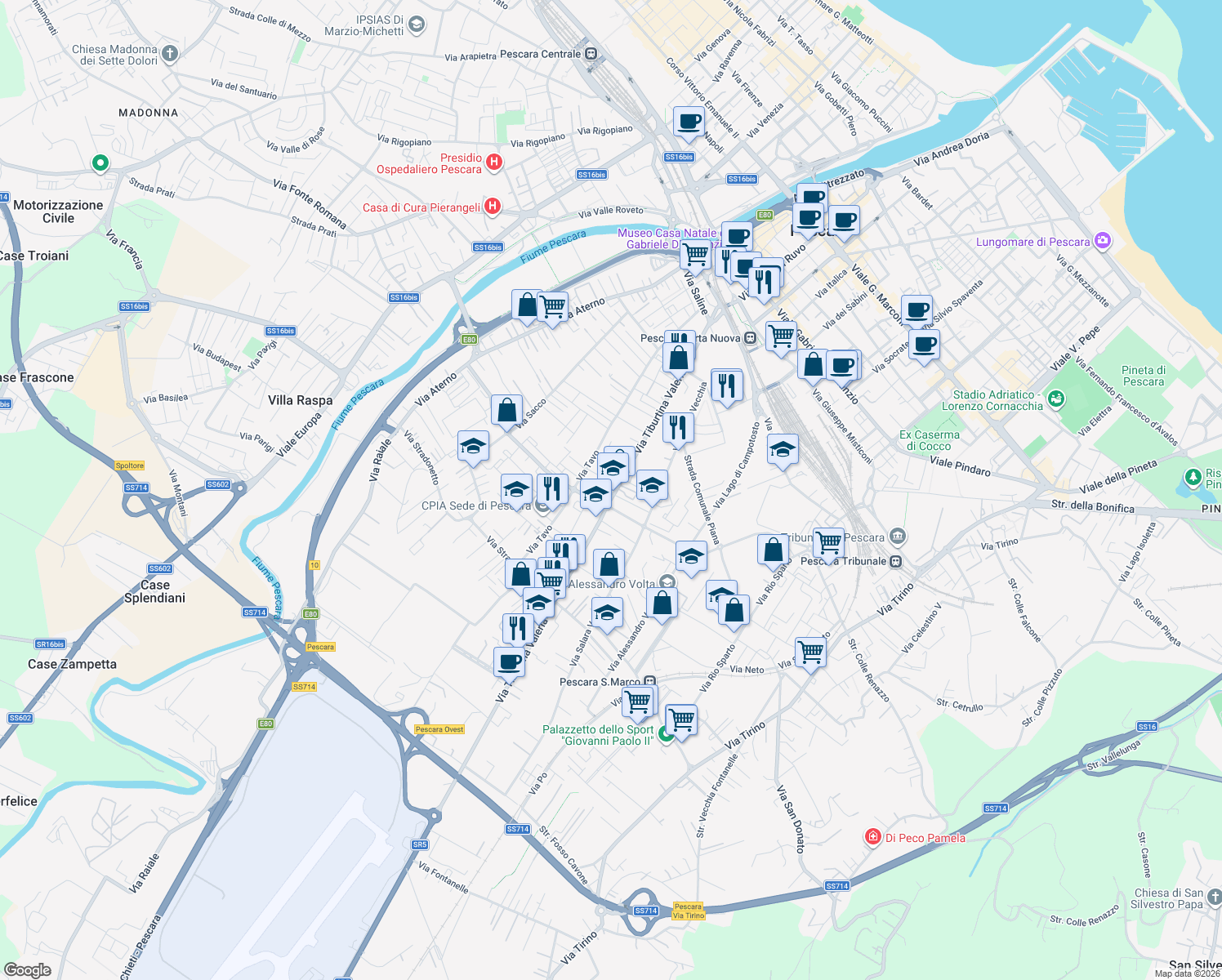 map of restaurants, bars, coffee shops, grocery stores, and more near 174 Via Tiburtina Valeria in Pescara