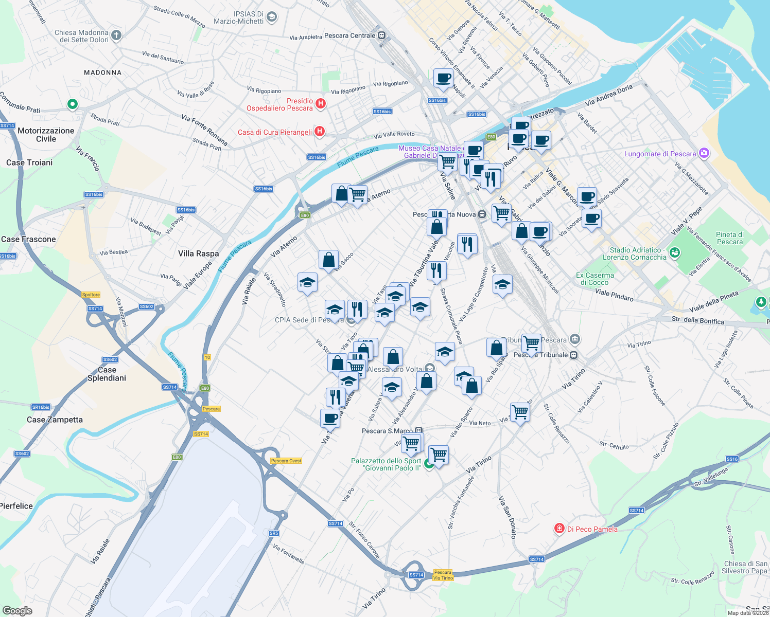 map of restaurants, bars, coffee shops, grocery stores, and more near 174 Via Tiburtina Valeria in Pescara