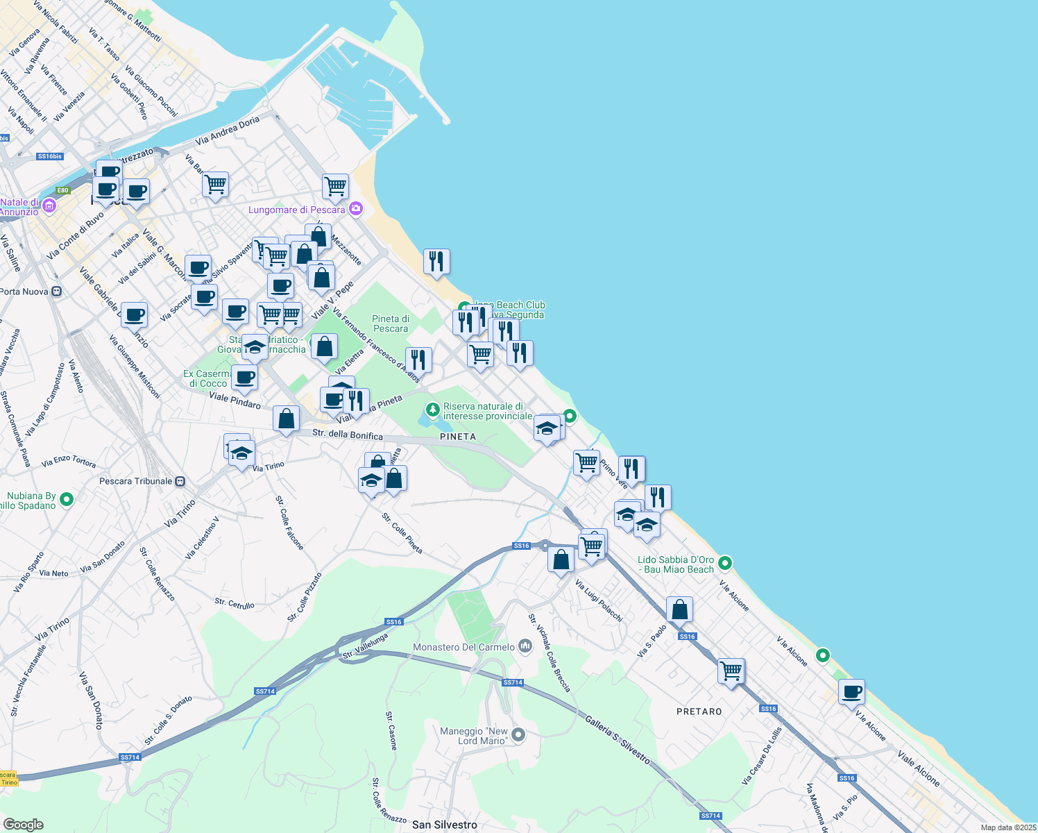 map of restaurants, bars, coffee shops, grocery stores, and more near Viale Edoardo Scarfoglio in Pescara