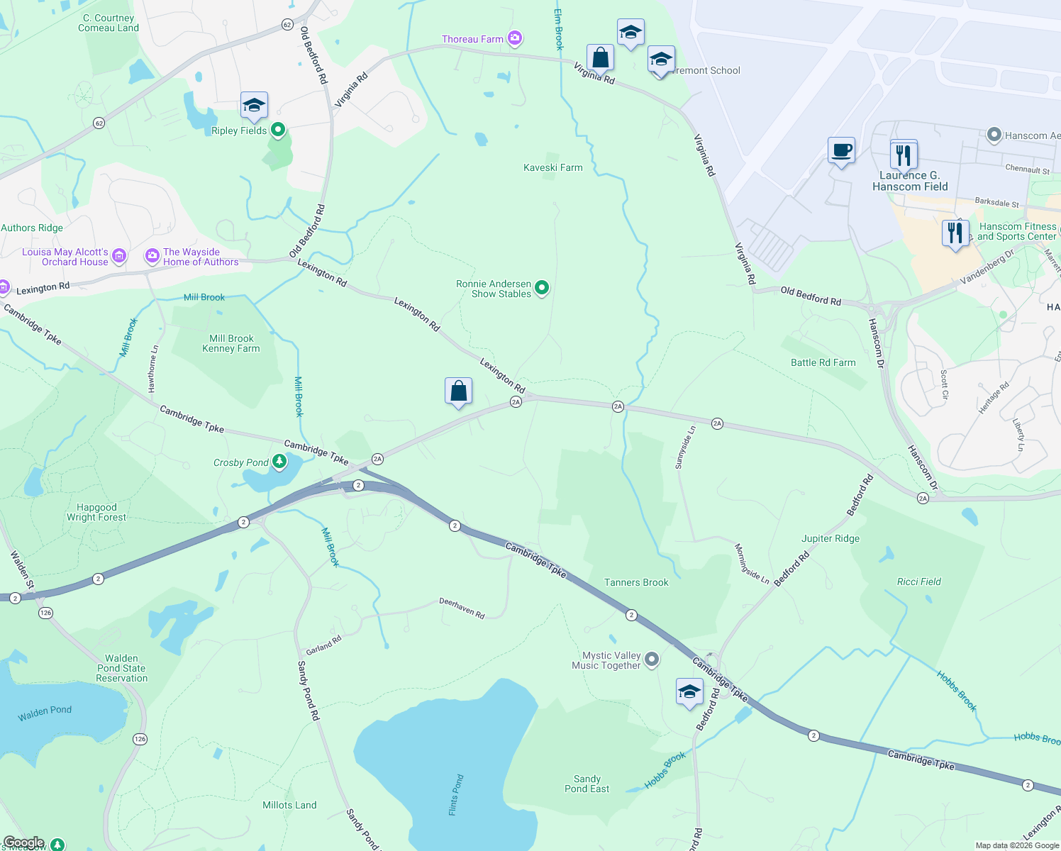 map of restaurants, bars, coffee shops, grocery stores, and more near 38 Brooks Road in Lincoln