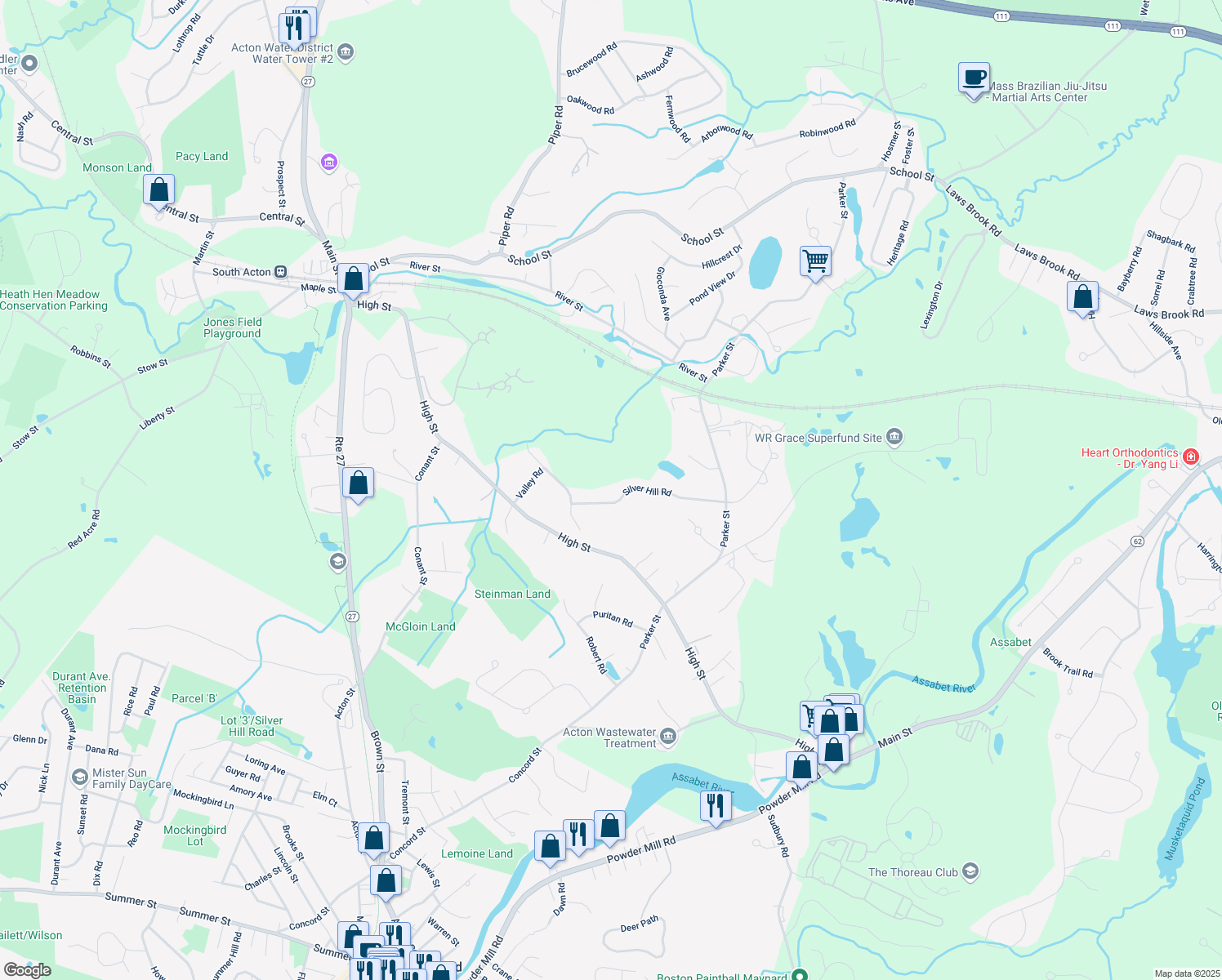 map of restaurants, bars, coffee shops, grocery stores, and more near 19 Silver Hill Road in Acton