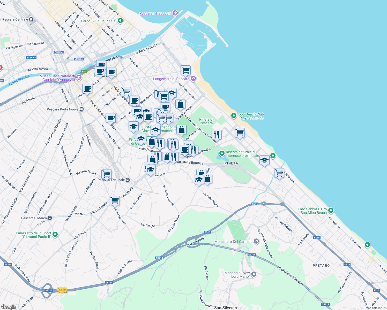 map of restaurants, bars, coffee shops, grocery stores, and more near 31 Viale della Pineta in Pescara