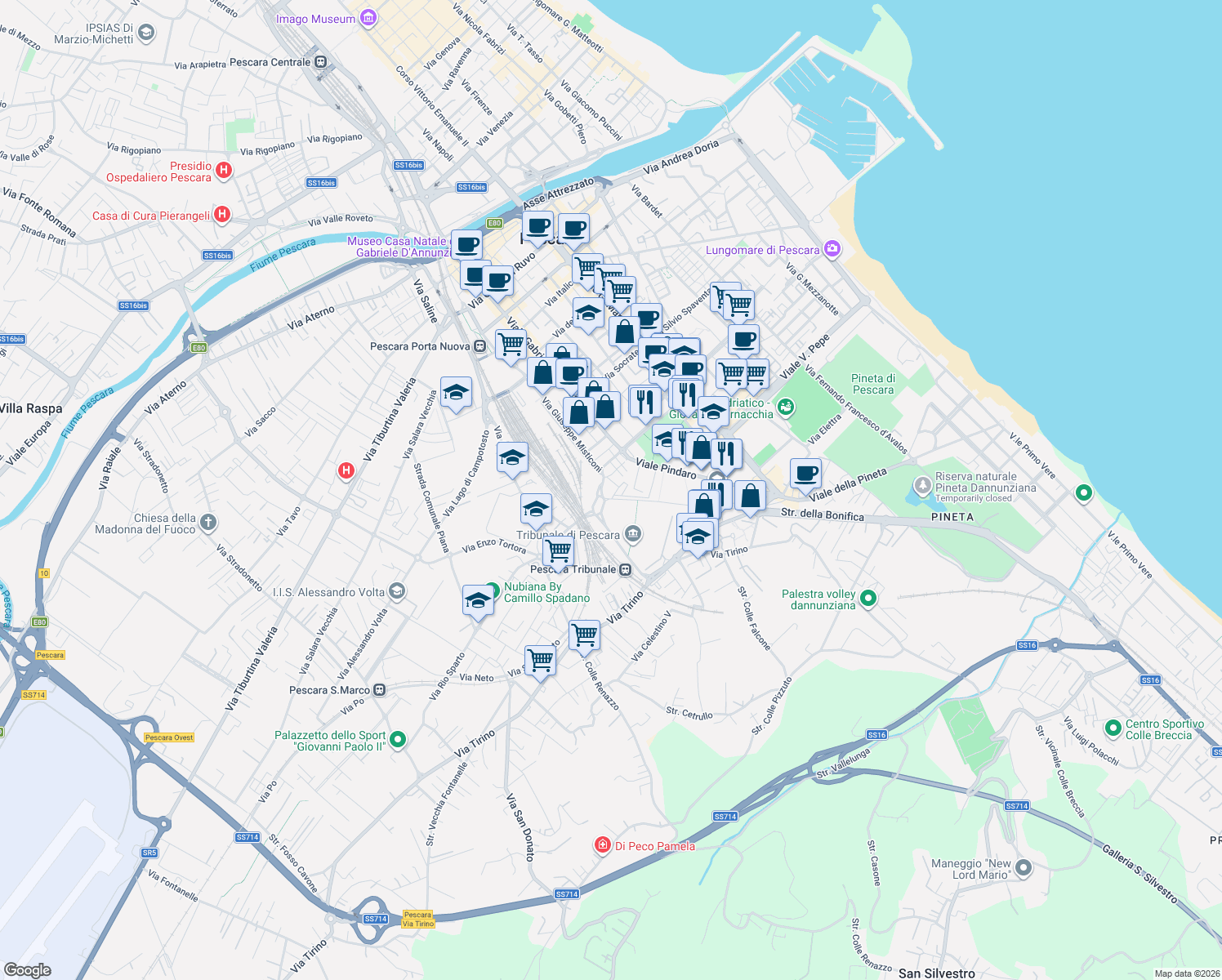 map of restaurants, bars, coffee shops, grocery stores, and more near Via Falcone e Borsellino in Pescara