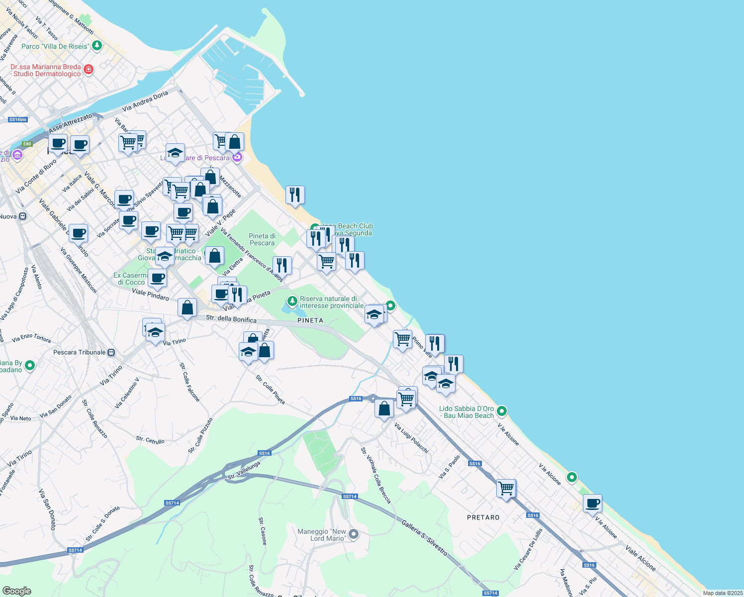 map of restaurants, bars, coffee shops, grocery stores, and more near 35 Viale Primo Vere in Pescara