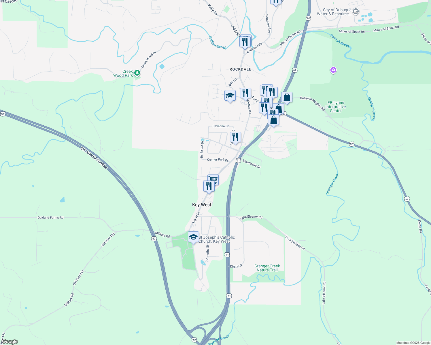 map of restaurants, bars, coffee shops, grocery stores, and more near 10787 Key W Dr in Dubuque