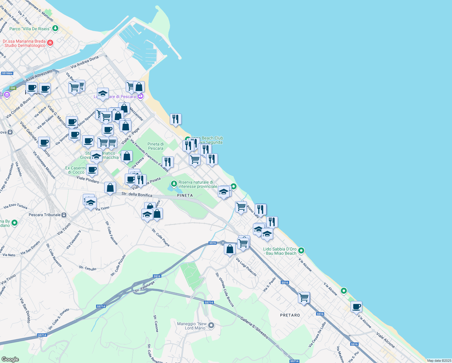map of restaurants, bars, coffee shops, grocery stores, and more near 35 Viale Primo Vere in Pescara