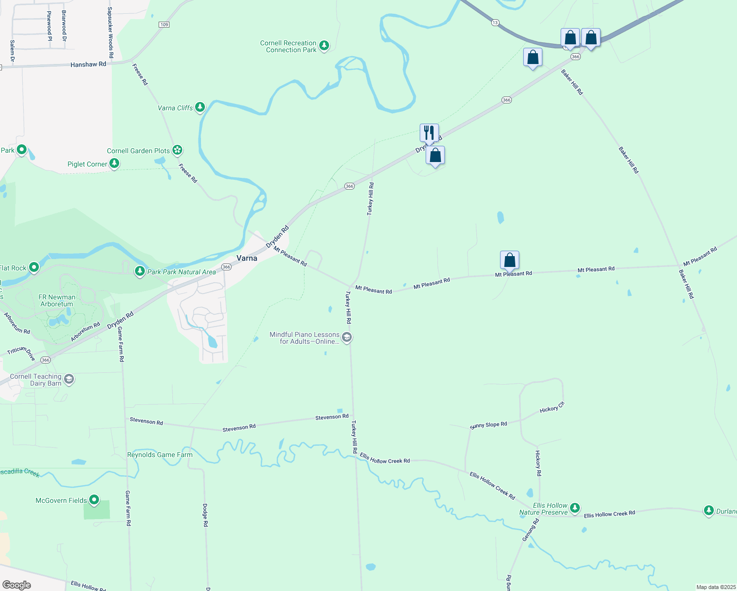 map of restaurants, bars, coffee shops, grocery stores, and more near 101 Turkey Hill Road in Ithaca