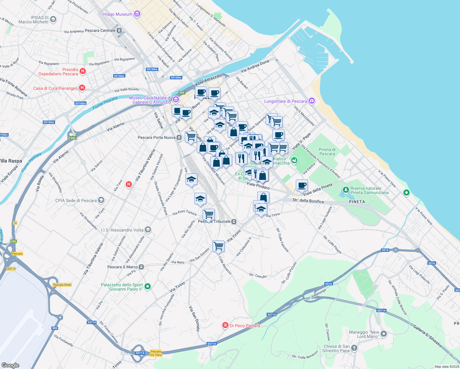 map of restaurants, bars, coffee shops, grocery stores, and more near Via Gioacchino da Fiore in Pescara