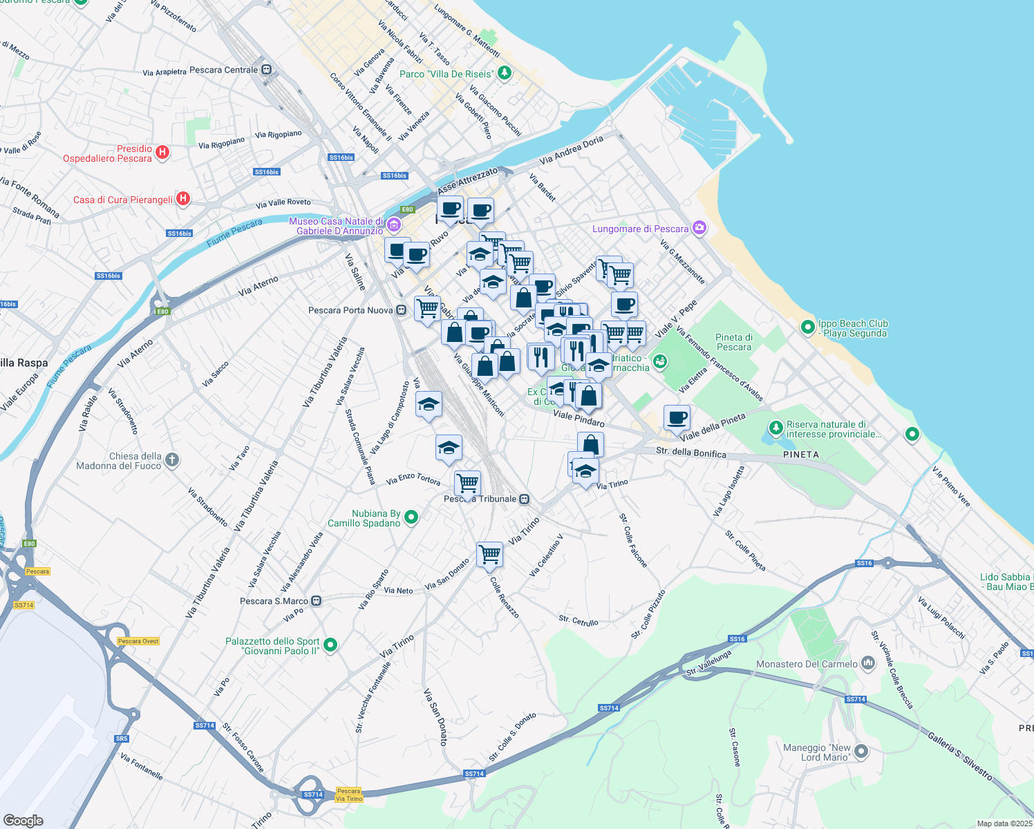 map of restaurants, bars, coffee shops, grocery stores, and more near Via Gioacchino da Fiore in Pescara