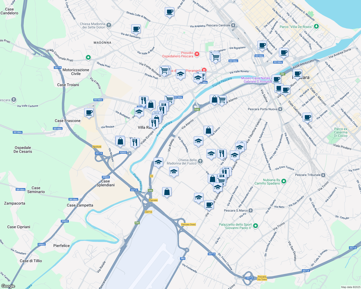 map of restaurants, bars, coffee shops, grocery stores, and more near 5 Via Giovanni Spadolini in Pescara