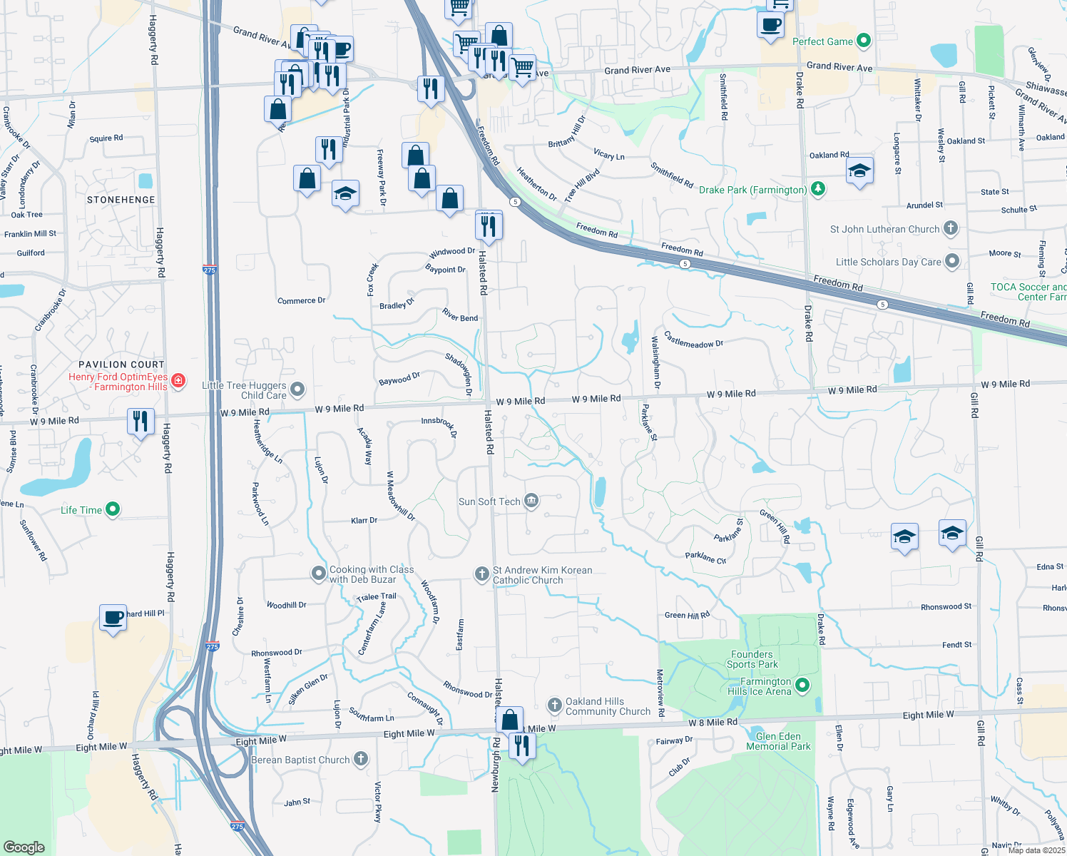 map of restaurants, bars, coffee shops, grocery stores, and more near 22298 Nearbrook Court in Farmington Hills