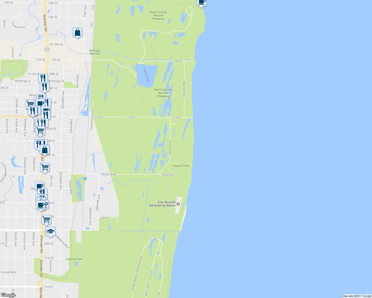 map of restaurants, bars, coffee shops, grocery stores, and more near 40715 Burnett Avenue in Zion