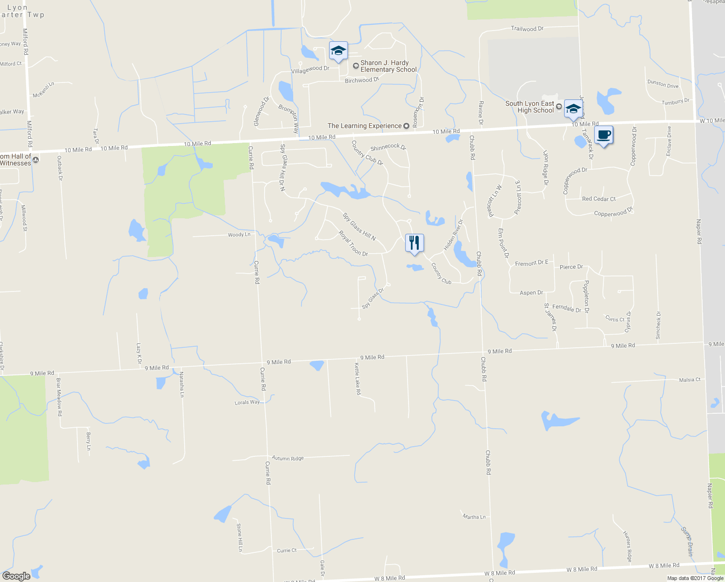 map of restaurants, bars, coffee shops, grocery stores, and more near 22670 Indianwood Drive in South Lyon