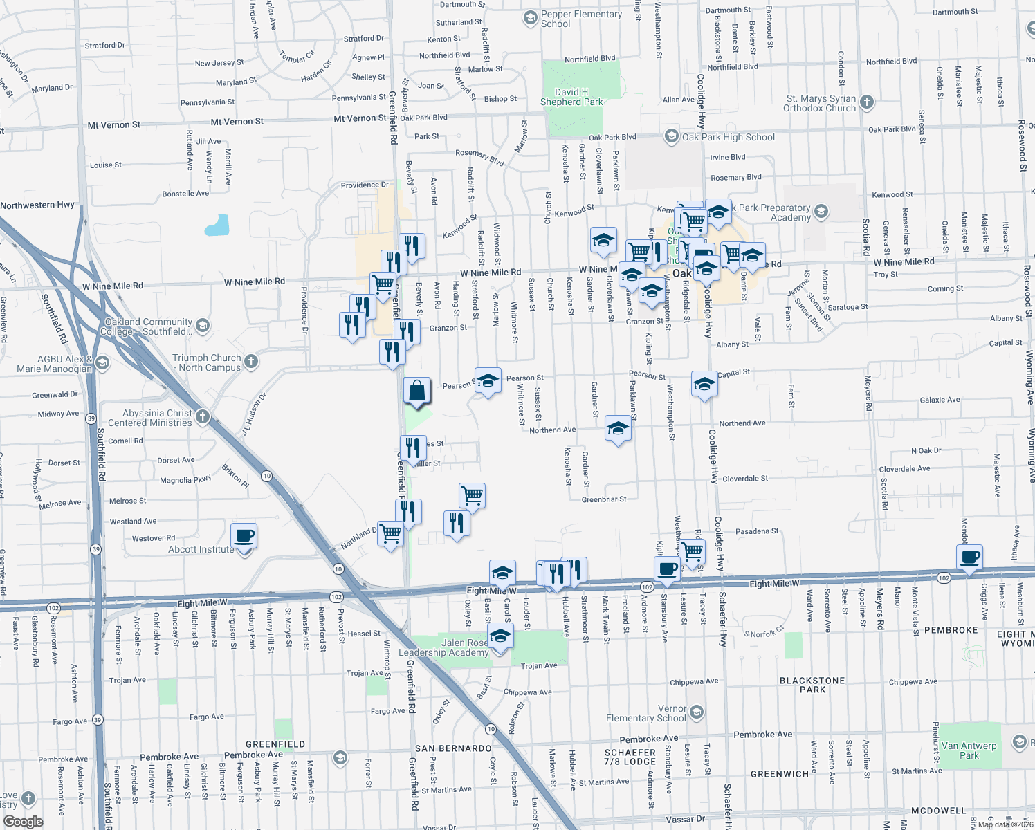 map of restaurants, bars, coffee shops, grocery stores, and more near 21651 Whitmore Street in Oak Park