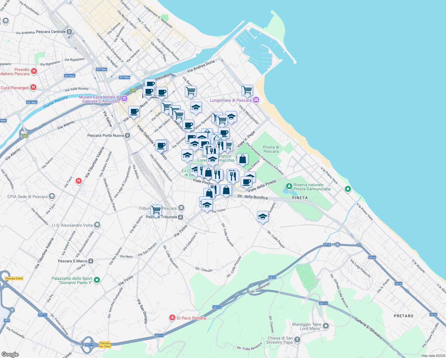 map of restaurants, bars, coffee shops, grocery stores, and more near 3 Via Sforza Muzio Attendolo in Pescara
