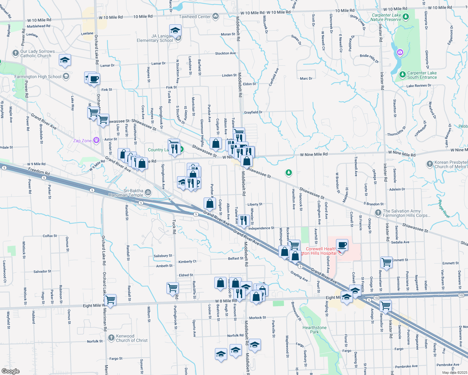 map of restaurants, bars, coffee shops, grocery stores, and more near 21905 Tulane Avenue in Farmington Hills