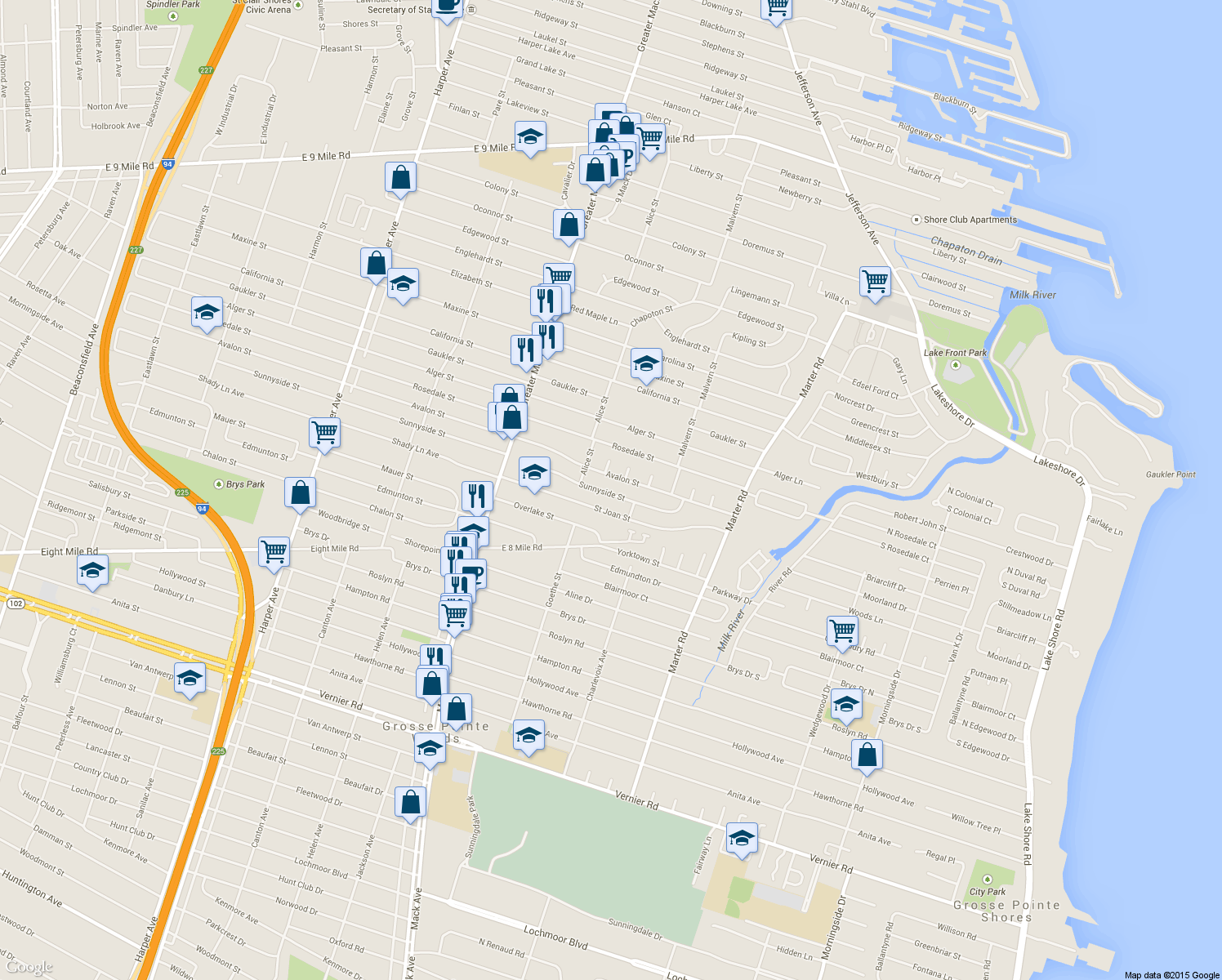 map of restaurants, bars, coffee shops, grocery stores, and more near 22701 Sunnyside Street in Saint Clair Shores