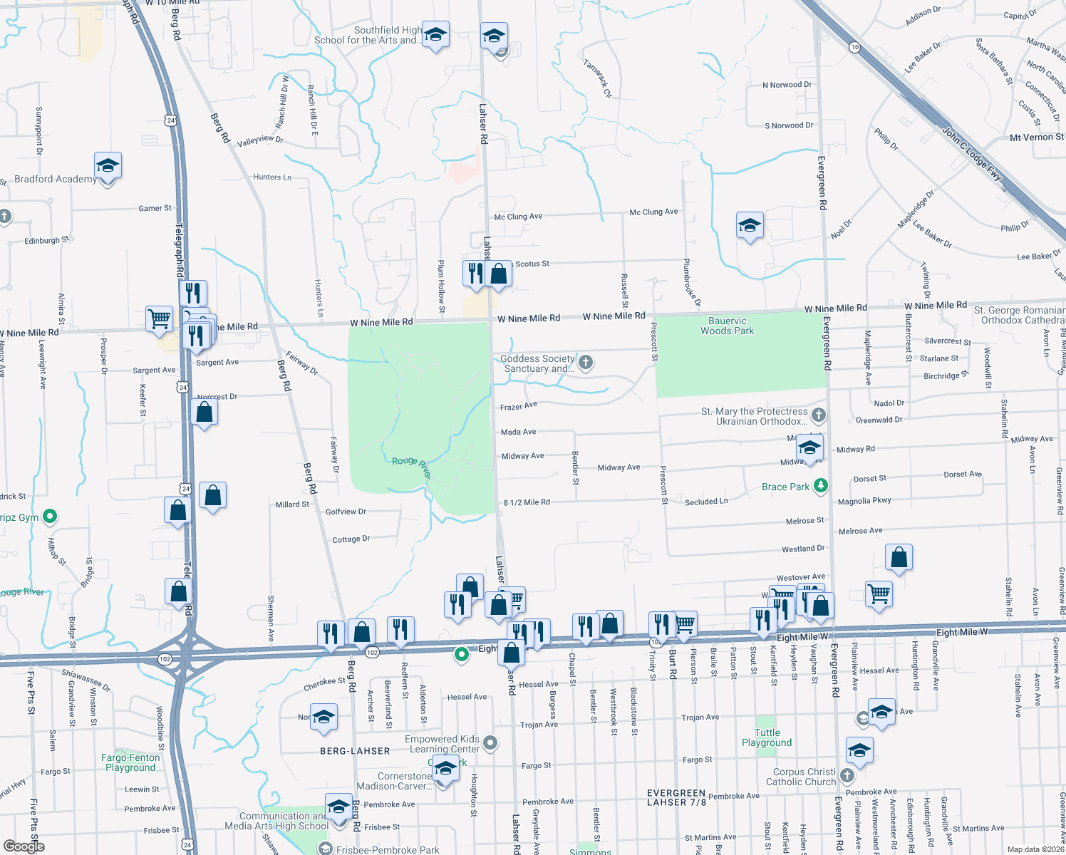 map of restaurants, bars, coffee shops, grocery stores, and more near 21740 Mada Avenue in Southfield