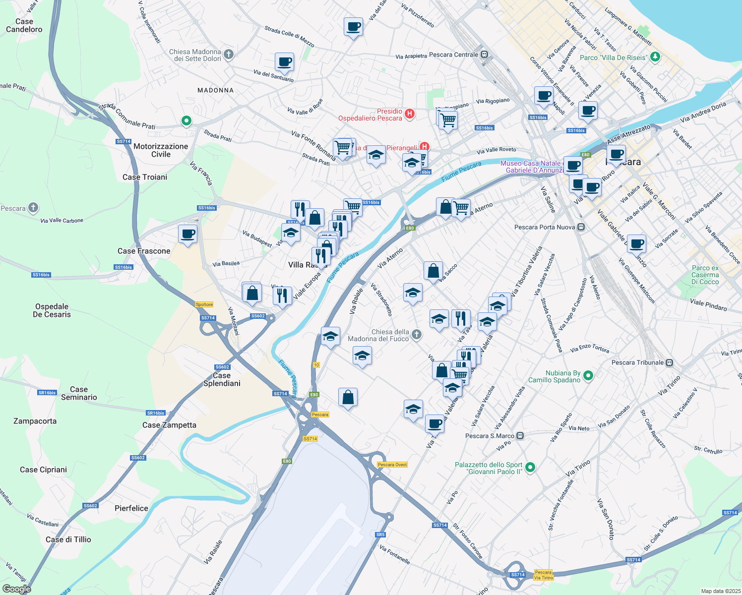 map of restaurants, bars, coffee shops, grocery stores, and more near 5 Via Giovanni Spadolini in Pescara
