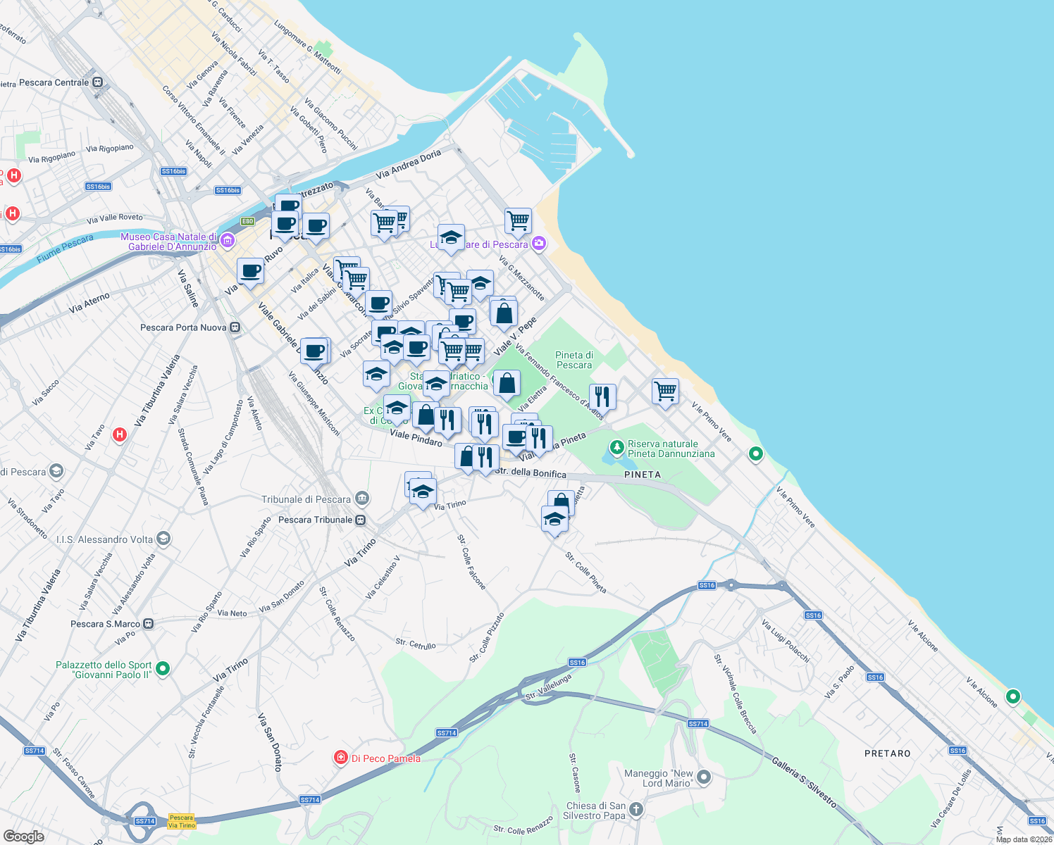 map of restaurants, bars, coffee shops, grocery stores, and more near 19 Via Luigi Marchetti in Pescara