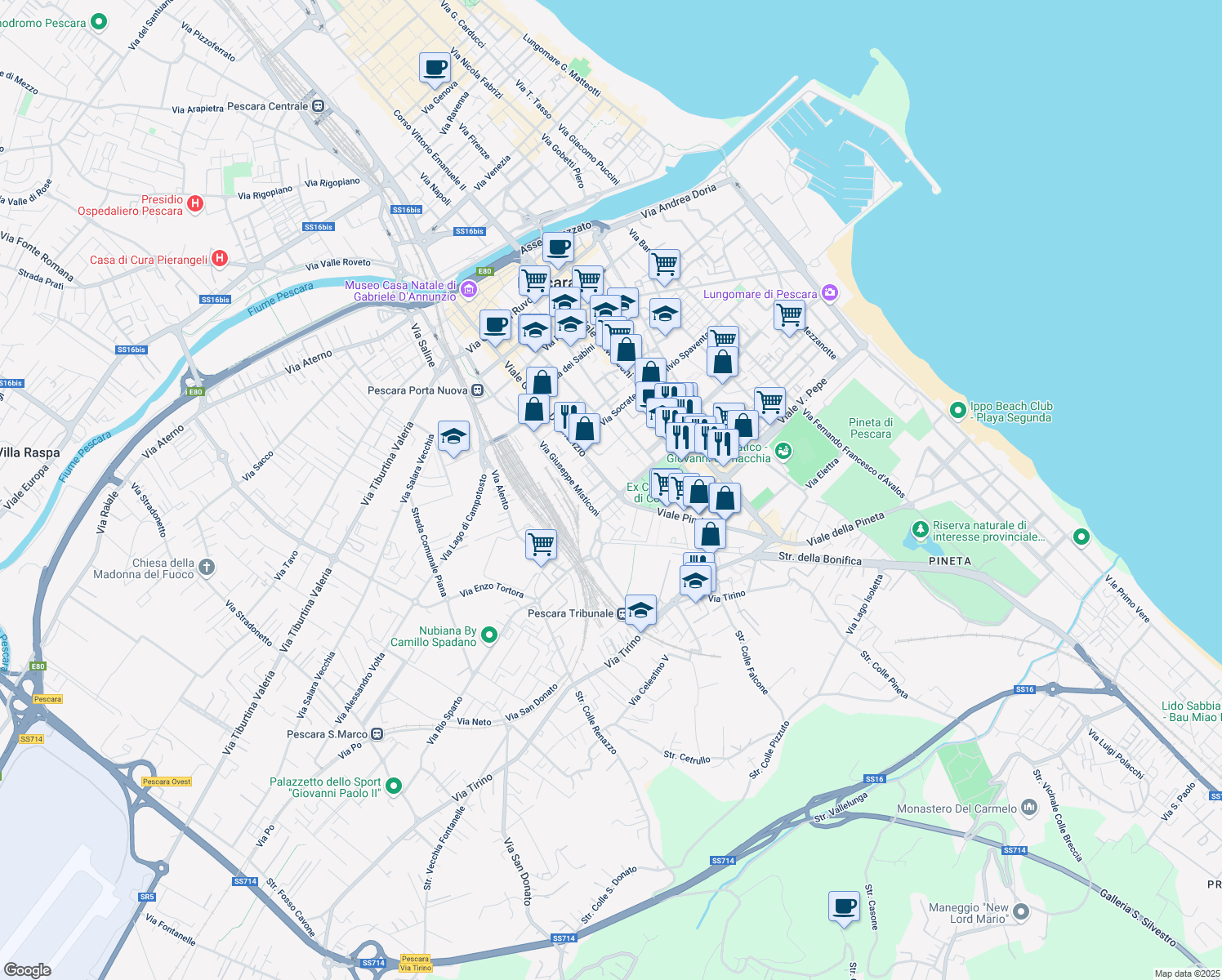 map of restaurants, bars, coffee shops, grocery stores, and more near Via Gioacchino da Fiore in Pescara