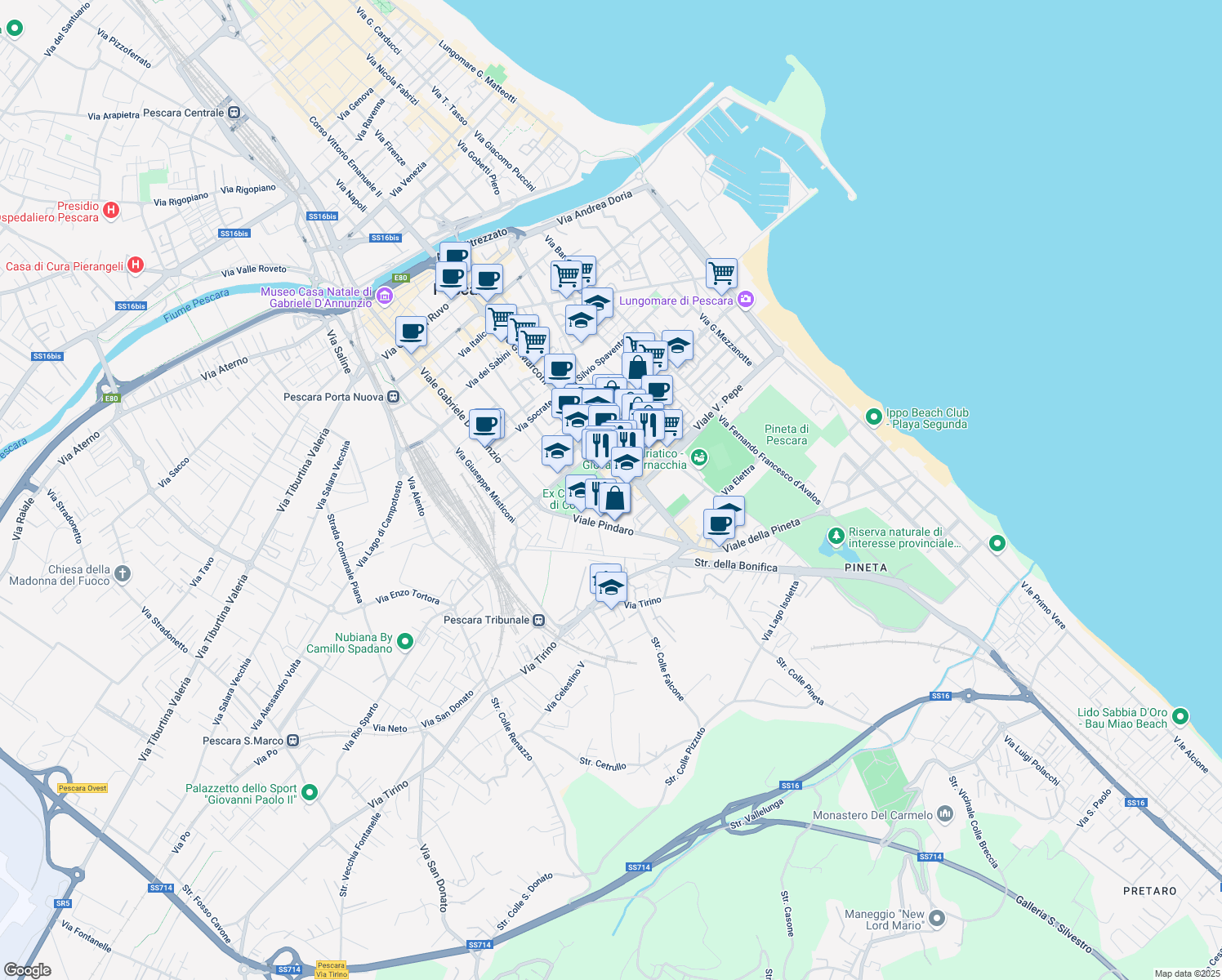 map of restaurants, bars, coffee shops, grocery stores, and more near 304 Viale Guglielmo Marconi in Pescara