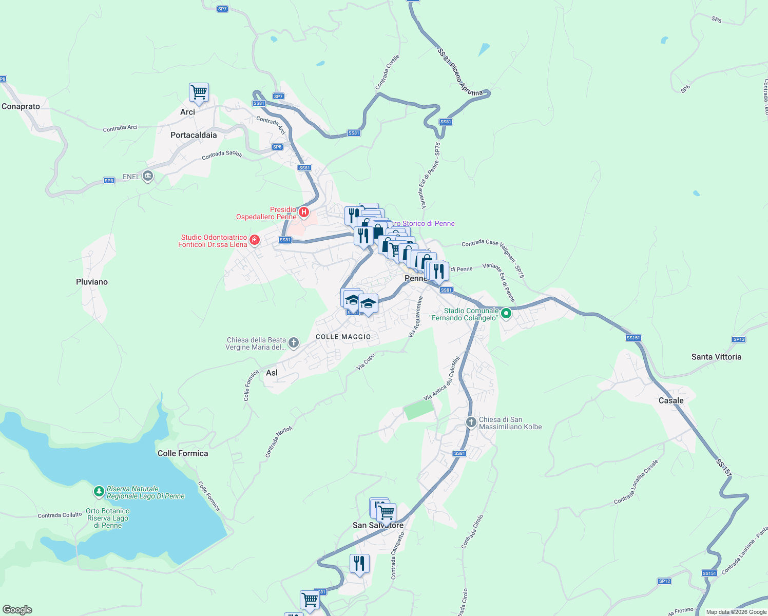 map of restaurants, bars, coffee shops, grocery stores, and more near 500 Circonvallazione Aldo Moro in Penne
