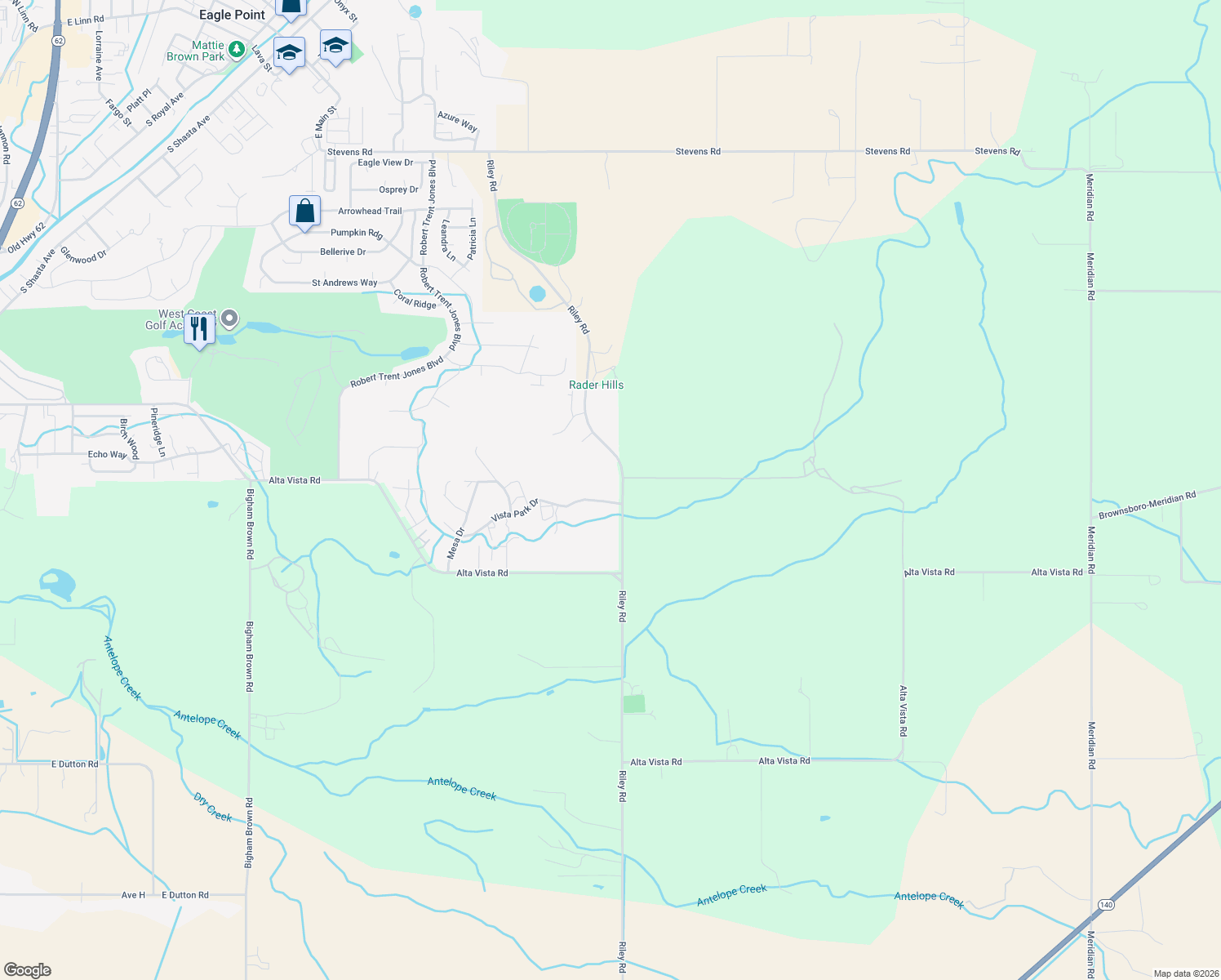 map of restaurants, bars, coffee shops, grocery stores, and more near 761 Vista Park Drive in Eagle Point