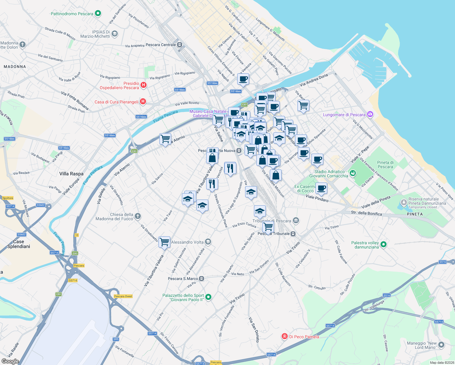 map of restaurants, bars, coffee shops, grocery stores, and more near Via Ciglia Cetteo in Pescara