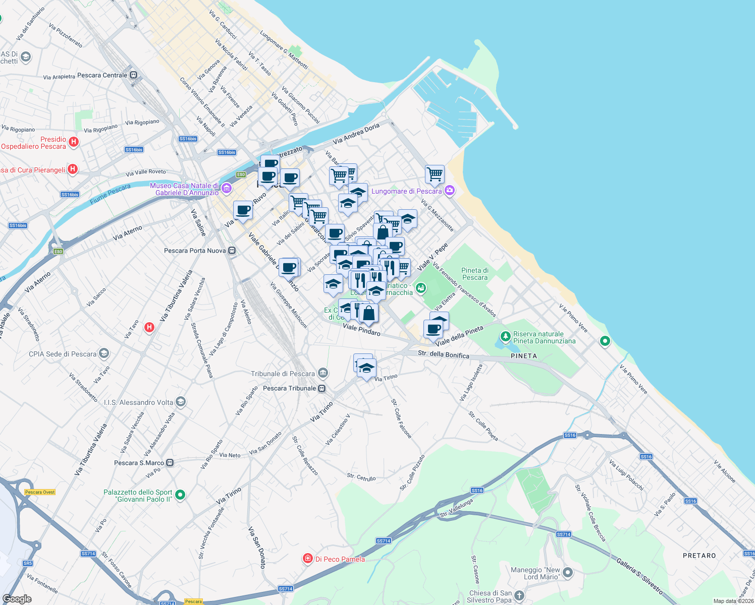 map of restaurants, bars, coffee shops, grocery stores, and more near 304 Viale Guglielmo Marconi in Pescara