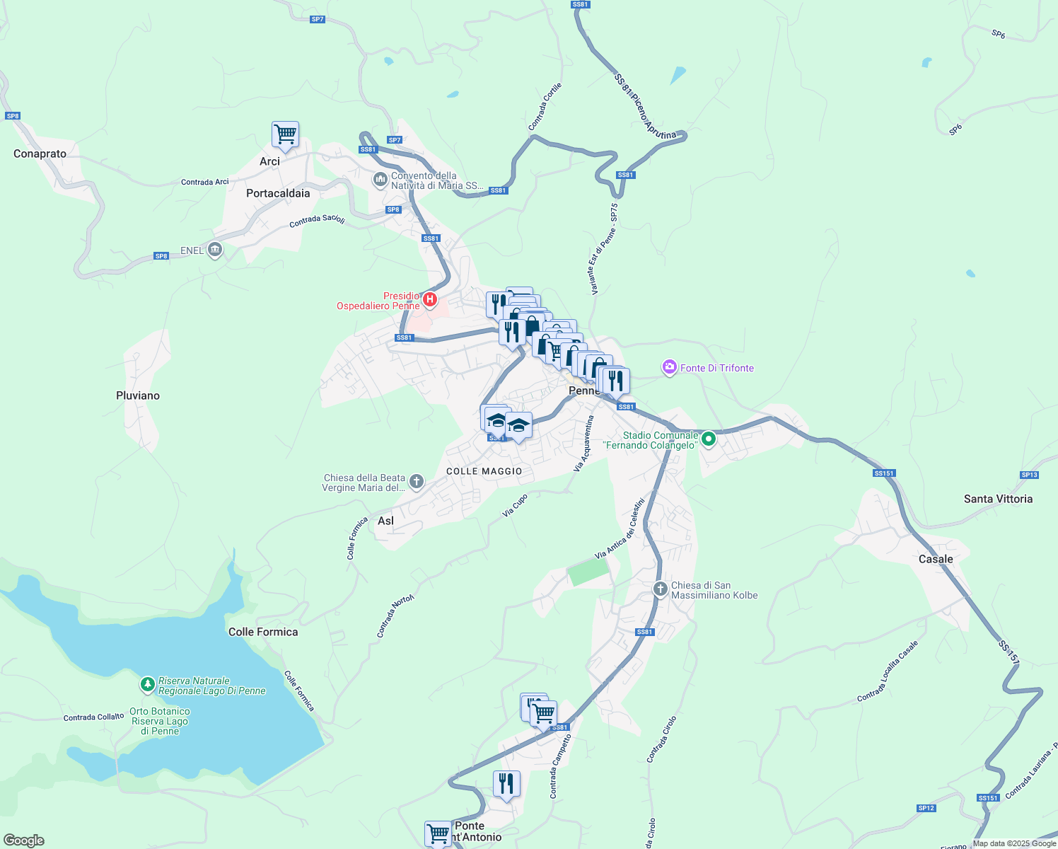map of restaurants, bars, coffee shops, grocery stores, and more near Strada Statale 81 in Penne