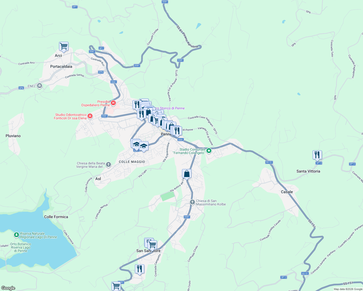map of restaurants, bars, coffee shops, grocery stores, and more near 43 Viale Santo Spirito in Penne